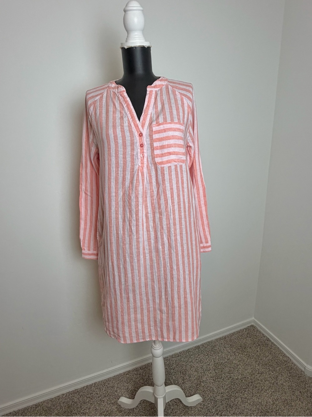 Martha Stewart Pink & White Striped Long Sleeve Henley Shift Dress size Small